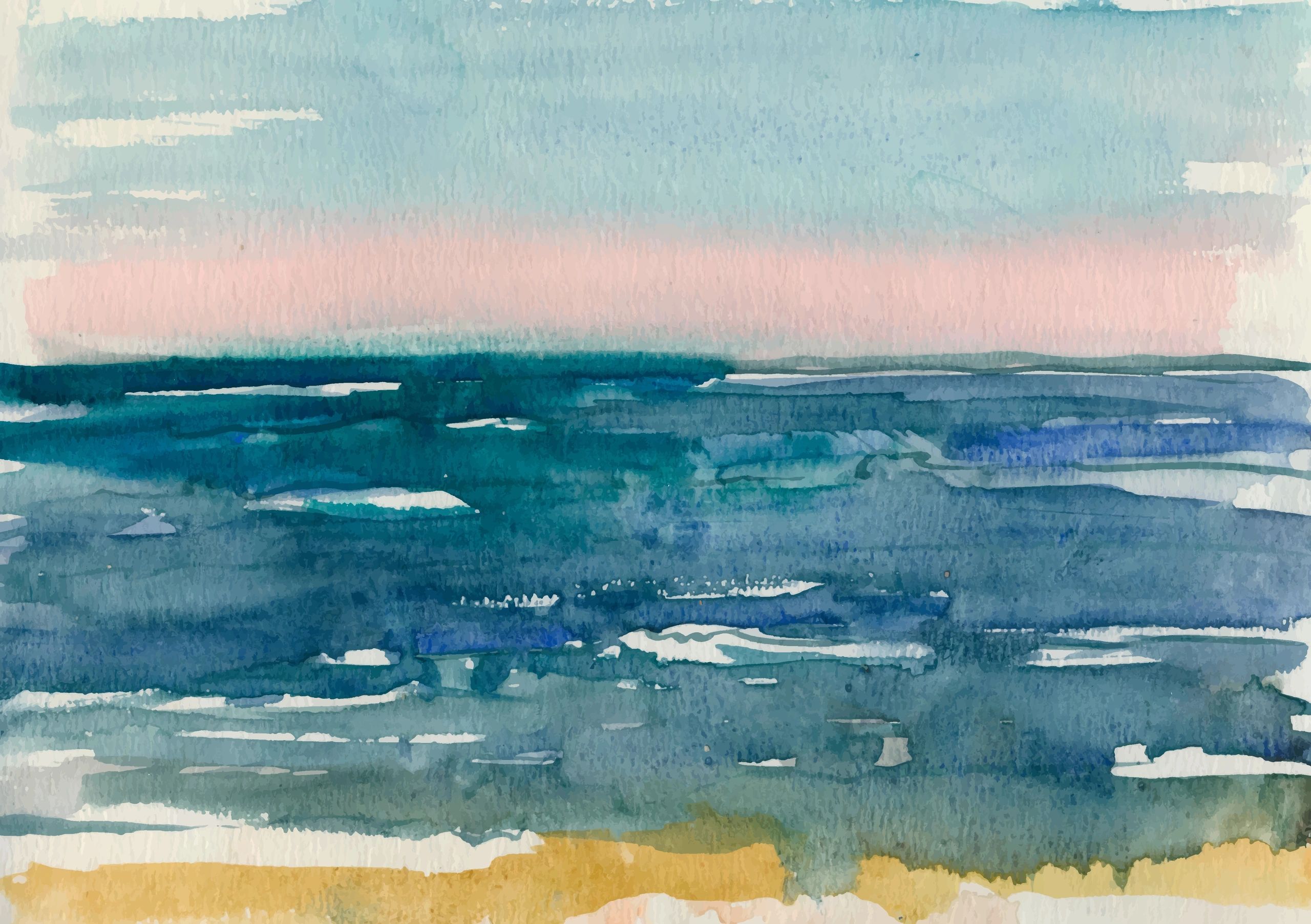 Waves on a sandy beach. Watercolor Seascape
